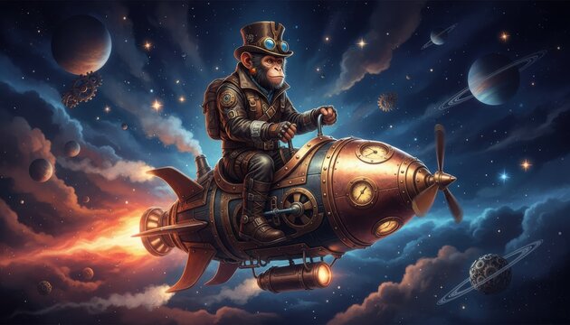Fashionable monkey in steampunk style rockets through space on a vintage rocket ship