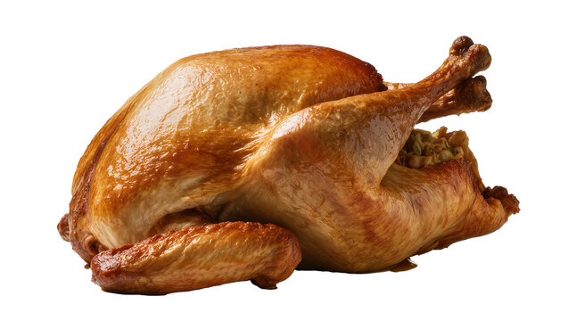 Golden brown roasted whole turkey with stuffing, isolated on transparent background