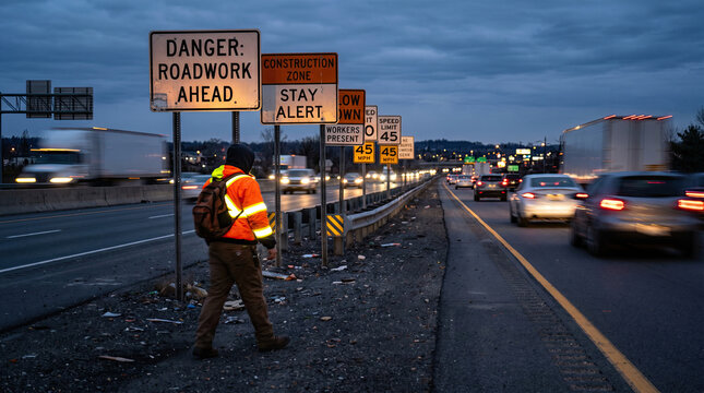 Danger sign indicating roadwork ahead with construction zone alerts, a worker in reflective gear walking along a busy highway during twilight hours