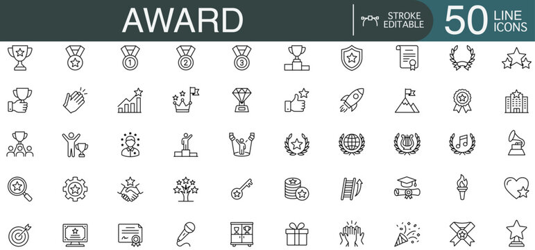 Award and achievement line icons trophy, medal, winner, success and recognition symbols for business and celebration design