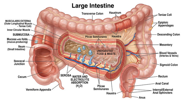 Comprehensive illustration of the large intestine showing cecum, appendix, colon regions, rectum and anal canal, with inset cross‑section displaying mucosa, haustra, teniae coli and water and electrol