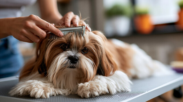 A wide tooth comb smoothing the long fur of a shih tzu on a clean grooming table, wide tooth comb, shih tzu, long fur, clean grooming table, professional salon, expert care,
