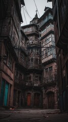 Fototapeta premium A narrow alleyway between aged, multi-story buildings.