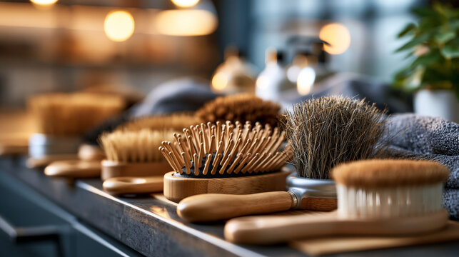 A row of dog brushes with different bristles arranged on a salon counter, dog brushes, different bristles, salon counter, organized arrangement, professional tools, modern setup,