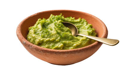 Rustic terracotta bowl filled with chunky green guacamole golden spoon resting inside, isolated on transparent background