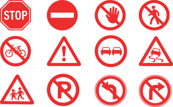 Collection of red road signs and traffic regulation symbols on white background