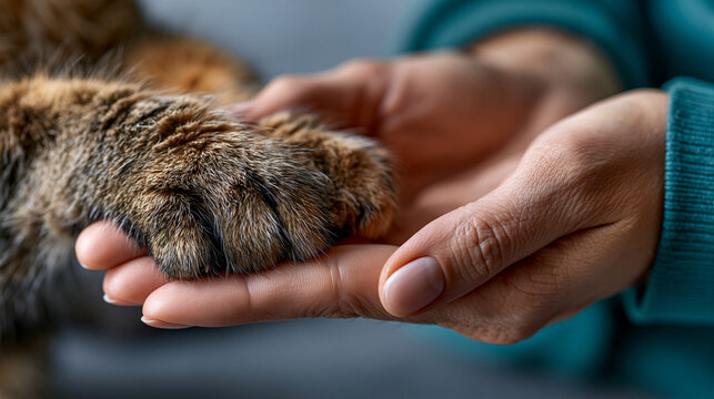 A pair of caring hands gently holding a cats paw to remove burrs from the pad, paw care, cat paw, burr removal, soft fur texture, teal sleeve, gentle handling, hygiene service,