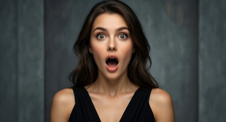 Fototapeta premium Surprised woman with wide eyes expressing shock and amazement in studio portrait
