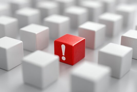 Bright red block with white exclamation mark sitting among white cubes in a 3d rendered scene