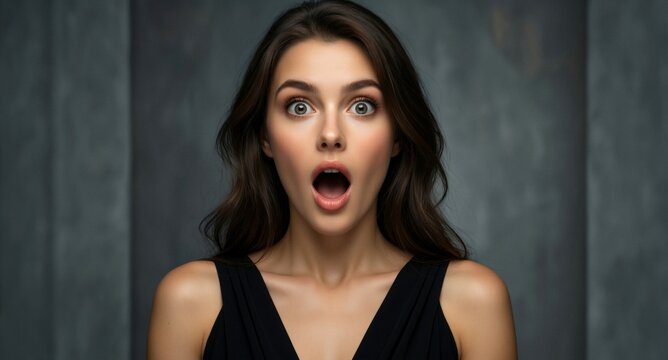 Surprised woman with wide eyes expressing shock and amazement in studio portrait