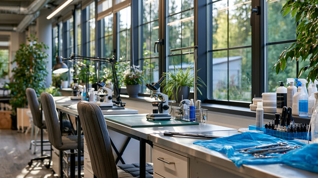 A bright modern pet salon with empty grooming tables and tools neatly arranged, modern pet salon, empty tables, tools arrangement, bright space, professional setup, hygiene