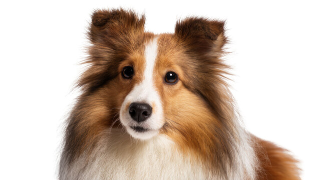 Shetland sheepdog portrait with fluffy brown and white fur, isolated on transparent background