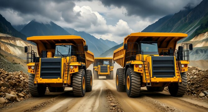 Heavy duty yellow mining dump trucks operating in a large open pit quarry