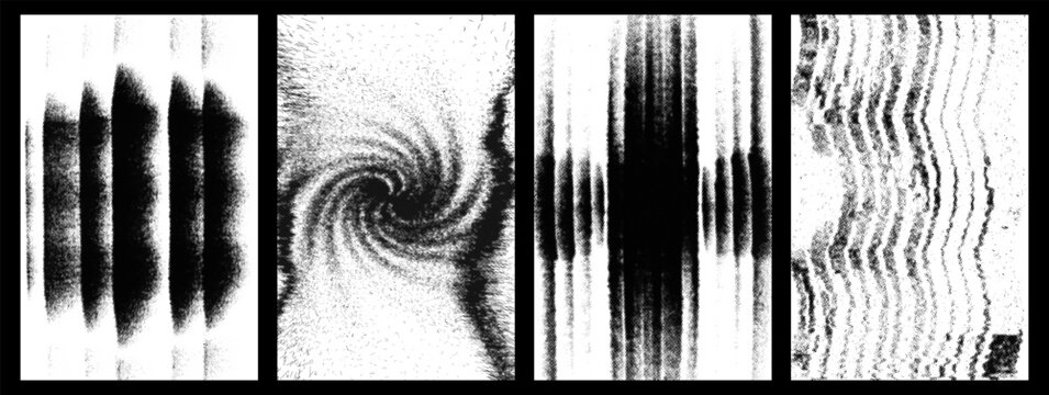 Halftone grunge texture pack spiral swirl vortex stripe glitch distortion black white abstract screenprint risograph overlay design asset