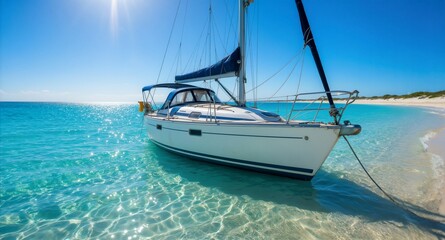 Fototapeta premium White sailboat anchored in crystal clear turquoise tropical ocean near sandy beach