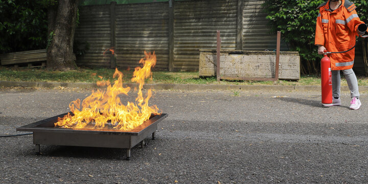 fire prevention. corporate safety - exercise during a firefighting course
