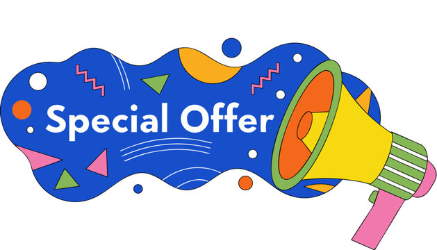 &ldquo; Special Offer&rdquo; phrase placed in a blue bubble with design elements and a megaphone isolated on a white background .vector
