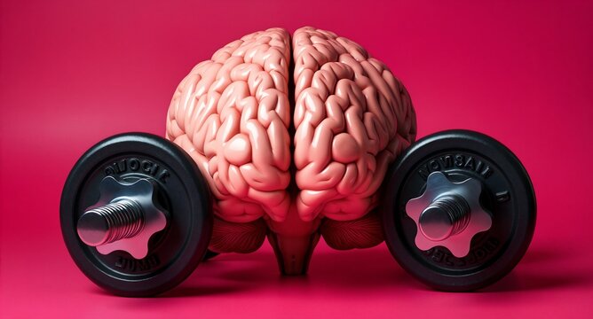 Brain training and mental fitness concept with dumbbells for cognitive strength and development