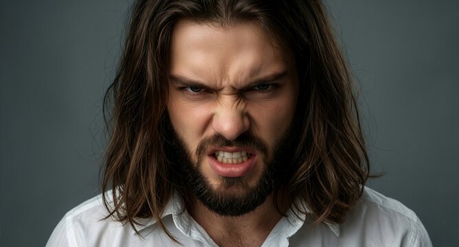 Angry bearded man with long hair showing an aggressive and furious expression
