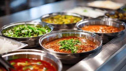 Obraz premium Buffet dishes filled with various gourmet meals sit in a professional kitchen warming station ready for service.