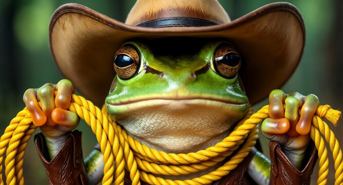 Cute green frog cowboy character wearing a brown hat and holding yellow lasso rope