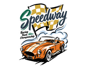 Speedway racing team championship. Sport car print design for t shirt. Vintage racing poster. Fast wheels challenge. Road speed graphic print. © rahel lila