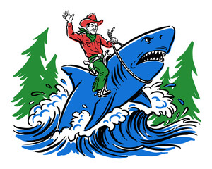 Fototapeta premium Retro style cowboy riding a blue shark. Western rodeo shark adventure. Cowboy graphic print. Western vintage artwork. T shirt print design.
