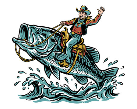 Retro style cowboy western rodeo on a bass fish. Western vintage artwork. T shirt print design. Bass fishing club. Cowboy riding fish illustration.