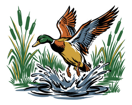 Duck mallard illustration. Outdoor adventure for t-shirt and apparel design. Hunting club artwork. Nature wildlife print. Wild waterfowl pond design.