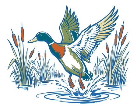 Mallard duck flying vintage artwork for t shirt. Duck pond outdoor adventure design. Wildlife artwork for apparel and sticker. Wild and free. Bird.