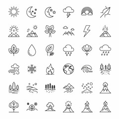 Fototapeta premium Collection of Nature and Weather Icons Representing Ecosystems, Climate, Seasons, and Natural Phenomena