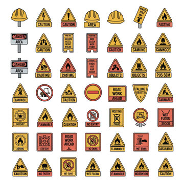 Collection of Safety and Warning Signs for Construction Sites Featuring Hard Hats, Danger Alerts, Caution Symbols, and Flammable Material Icons