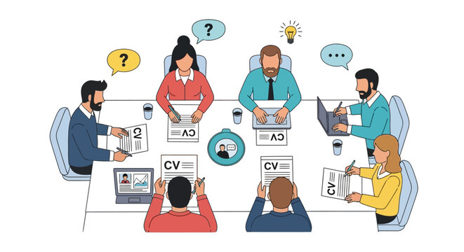 Job Interview Panel Meeting, Candidates CVs, Discussion, Hiring Process, Office