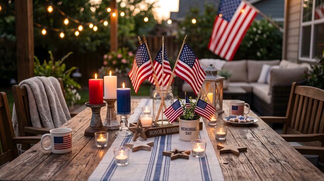 Outdoor dinner setting with American flags and candles, creating a warm and respectful atmosphere for Memorial Day remembrance.