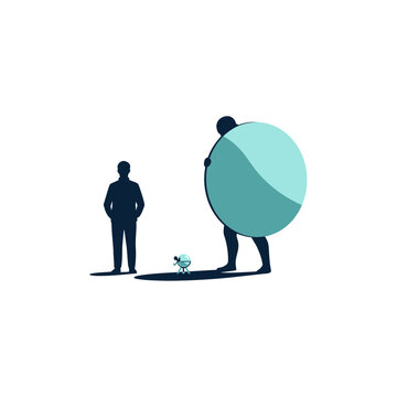 Man struggling to carry a heavy sphere while another man observes, symbolizing burden and responsibility, isolated white background.