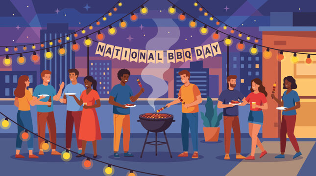 National BBQ Day Rooftop Party with Friends Vector Illustration