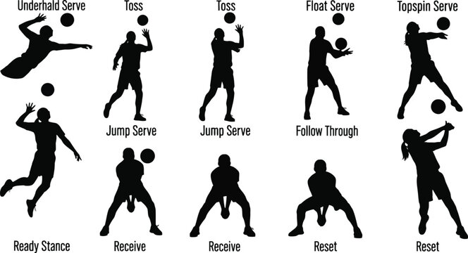 Volleyball techniques silhouette collection serving receiving and player positions