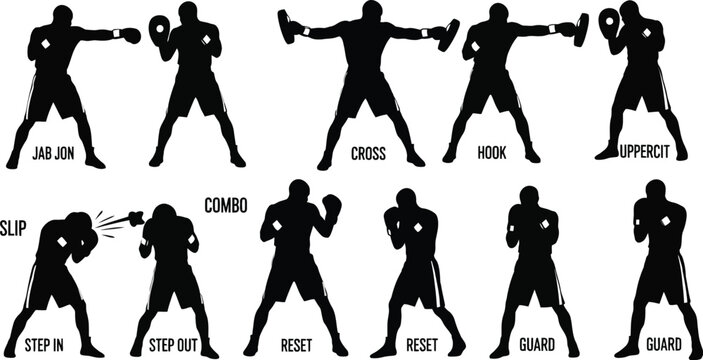 Boxing techniques silhouette various stances and moves