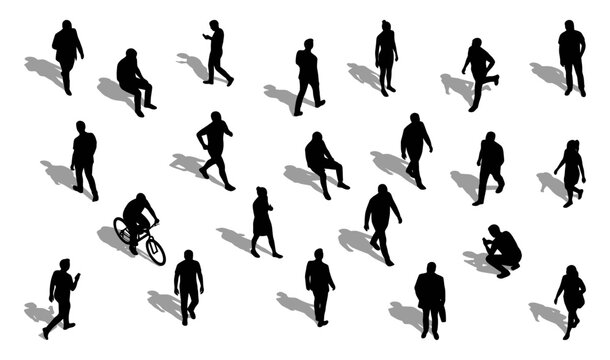 People silhouettes walking and cycling in a crowd | Black flat isometric vector characters with shadows for urban architecture and site plan design