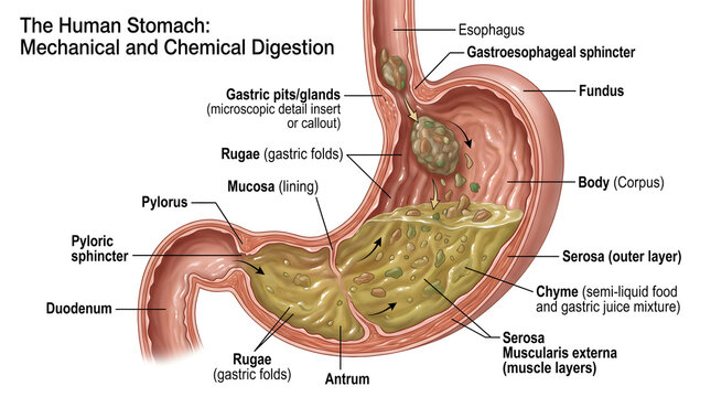 Illustration of the human stomach&rsquo;s mechanical and chemical digestion, labeling fundus, body, antrum, rugae, mucosa, muscularis layers and pyloric sphincter, with churning chyme showing how gastric ju