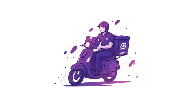 Delivery man on scooter with thermal bag, fast express service, urban logistics concept
