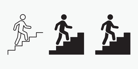 person climbing stairs icon set line art and solid black silhouettes on white © ali91