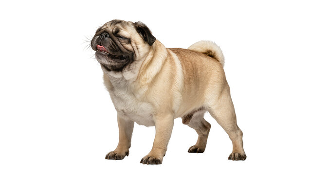 Fawn pug dog with wrinkled face panting with tongue out, isolated on transparent background
