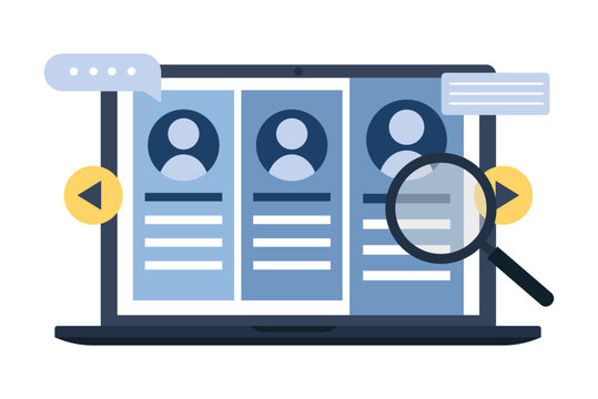 Human resources and recruitment. Laptop with candidate profiles, magnifying glass and speech bubbles. Vector flat illustration of employee hiring process, job search and headhunting