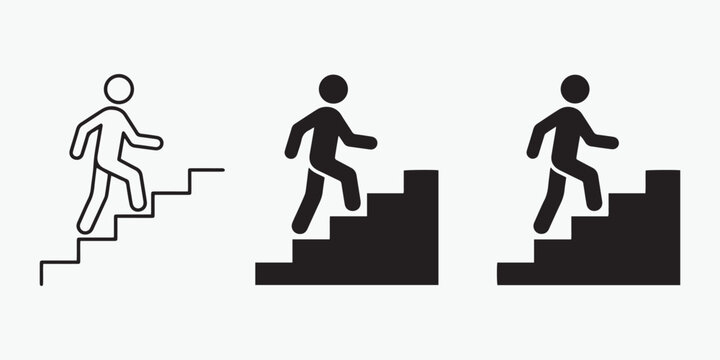 person climbing stairs icon set line art and solid black silhouettes on white