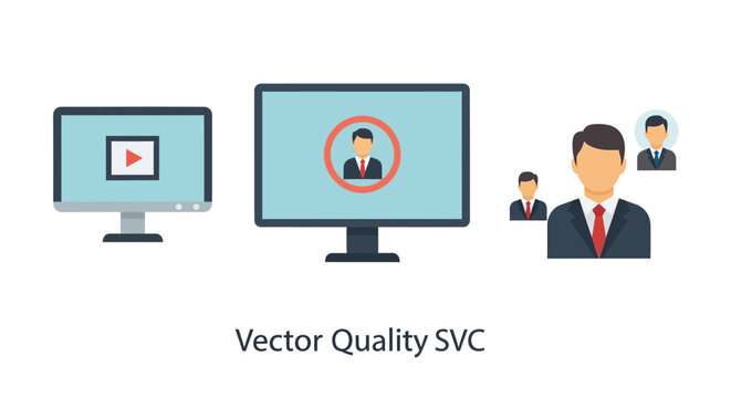 Vector Quality SVC: Computer Monitors Displaying Video and User Profile Icons with Business People