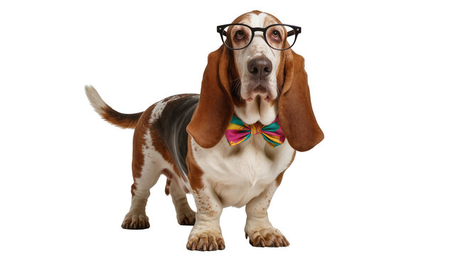 Basset hound dog wearing glasses and a colorful bow tie, isolated on transparent background