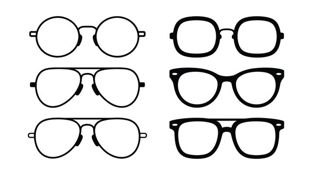 Set of eyeglass frames icons in various styles including round aviator and cat eye shapes for vision care.