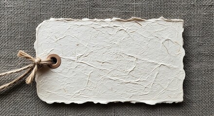 Handmade paper tag with rough edges and twine bow on textured background.