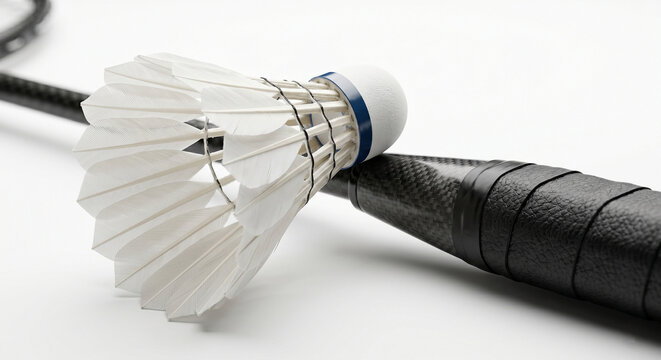 professional carbon fiber badminton racket with shuttlecock on white background